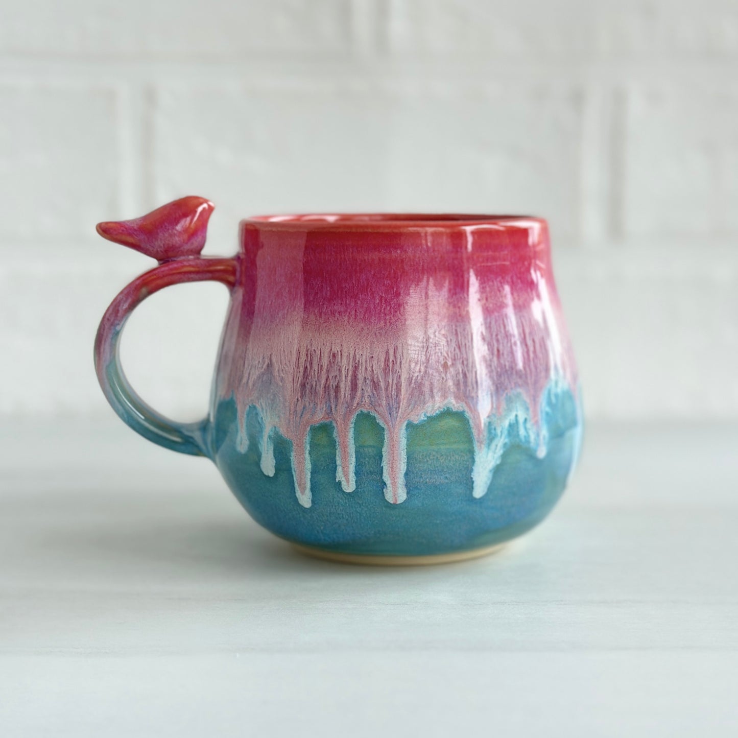 Zen Bird Mug, Drippy Glaze, Strawberry Smoothie Pink and Blue Sky, 15oz #01