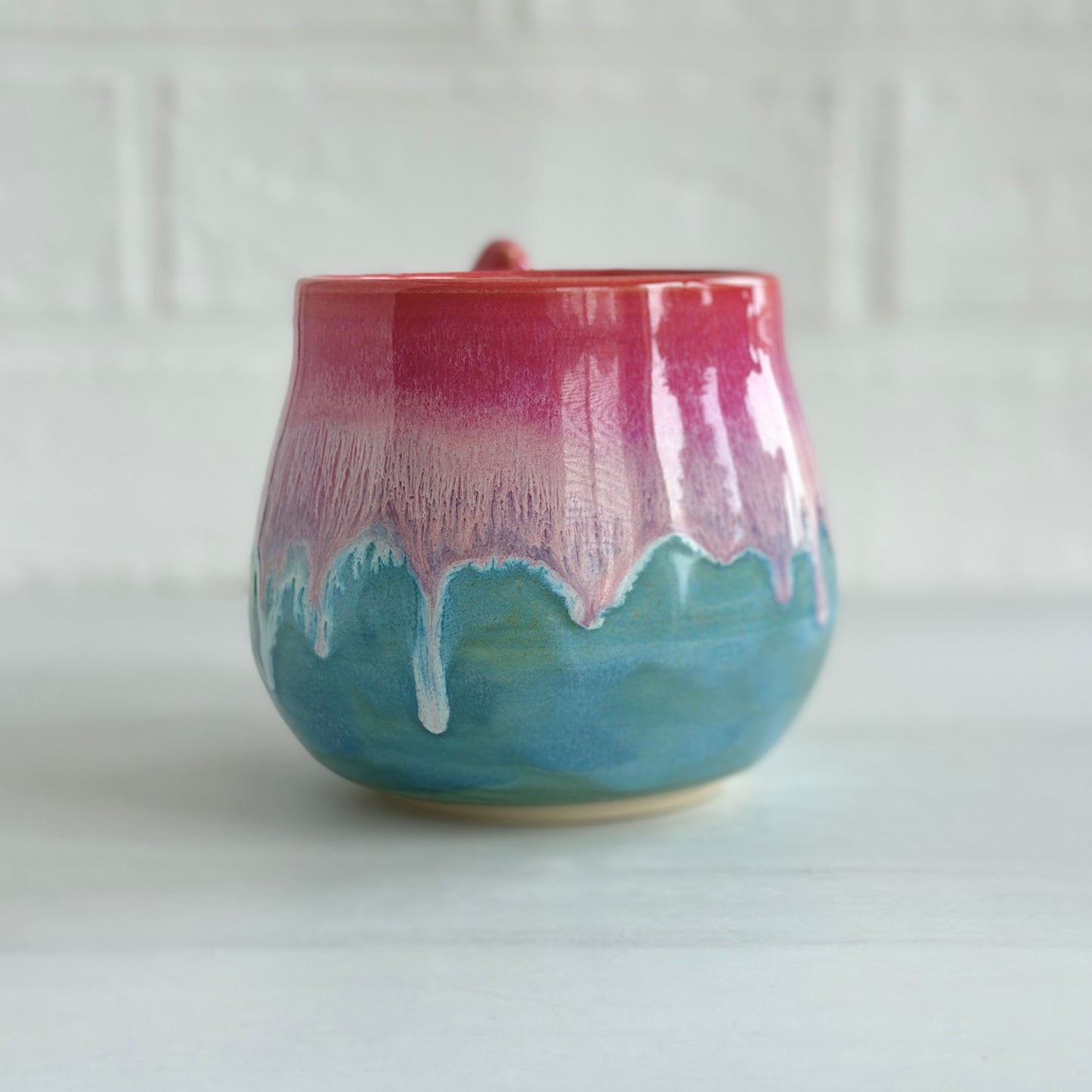 Zen Bird Mug, Drippy Glaze, Strawberry Smoothie Pink and Blue Sky, 15oz #01