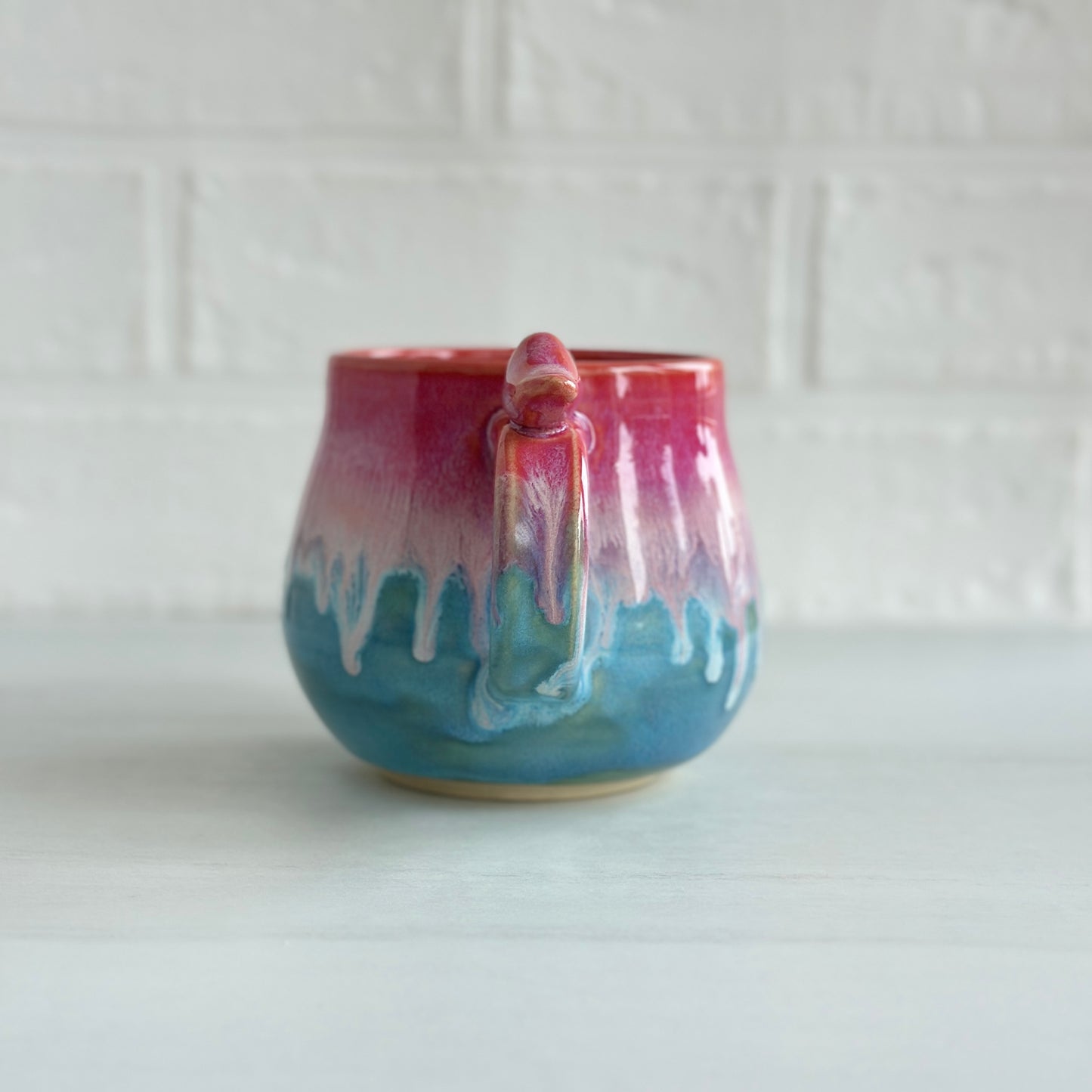 Zen Bird Mug, Drippy Glaze, Strawberry Smoothie Pink and Blue Sky, 15oz #01