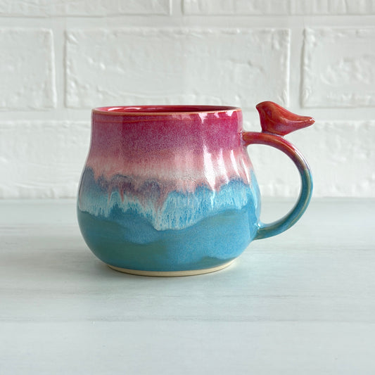 Zen Bird Mug, Drippy Glaze, Strawberry Smoothie Pink and Blue Sky, 15oz #02