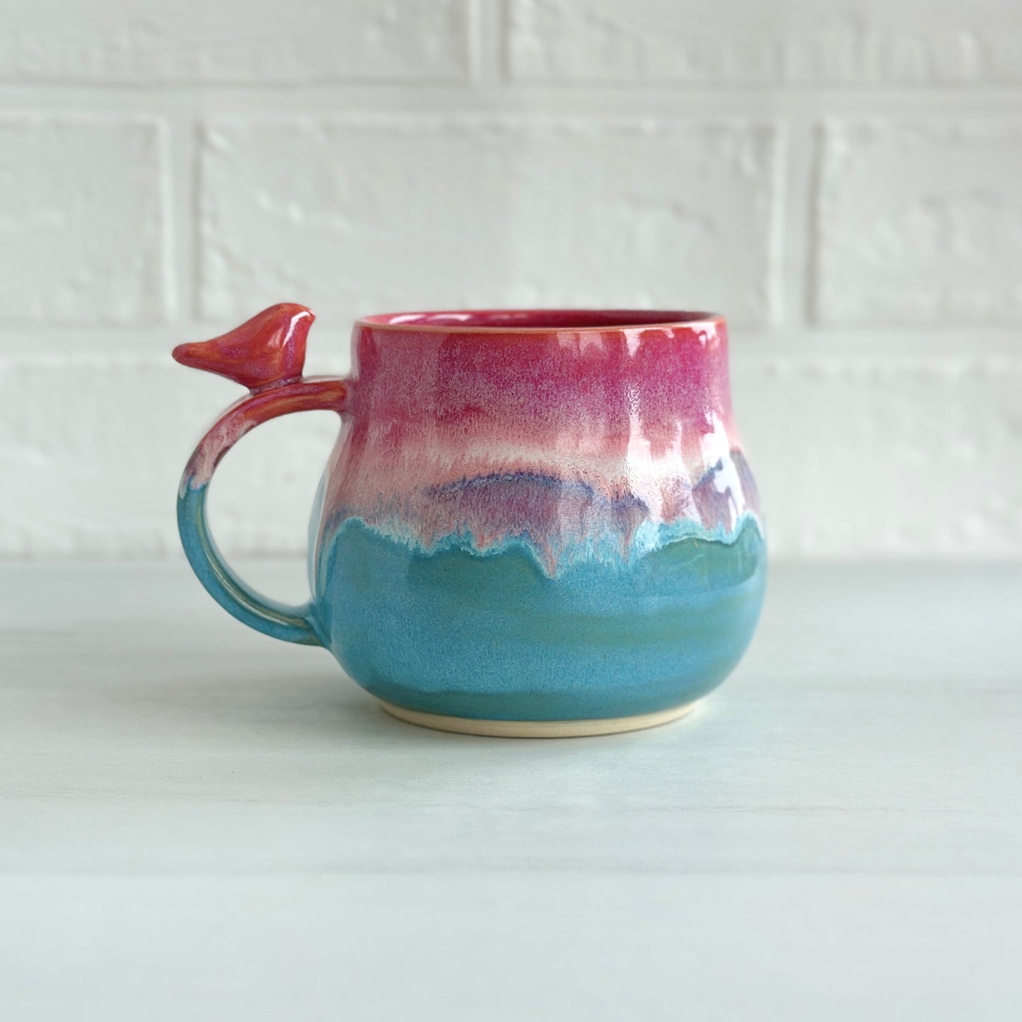 Zen Bird Mug, Drippy Glaze, Strawberry Smoothie Pink and Blue Sky, 15oz #02