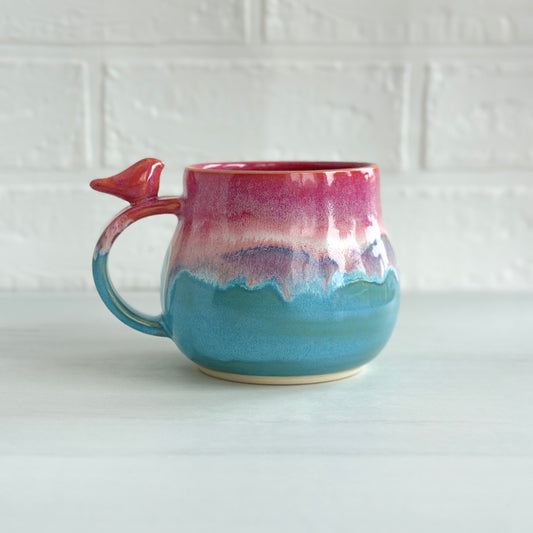 Zen Bird Mug, Drippy Glaze, Strawberry Smoothie Pink and Blue Sky, 15oz #02