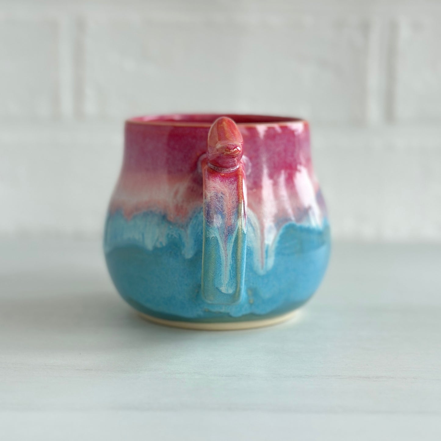 Zen Bird Mug, Drippy Glaze, Strawberry Smoothie Pink and Blue Sky, 15oz #02