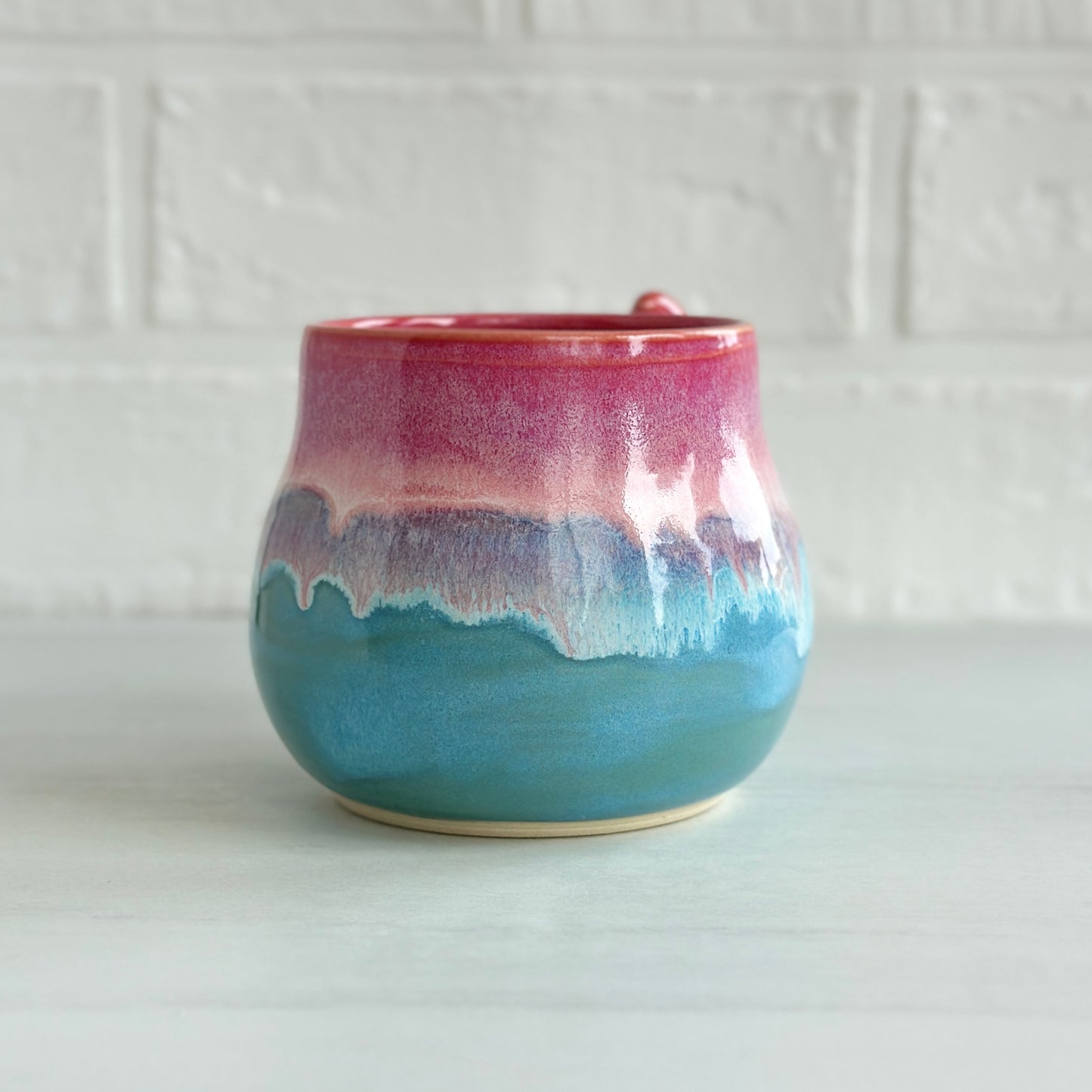 Zen Bird Mug, Drippy Glaze, Strawberry Smoothie Pink and Blue Sky, 15oz #02