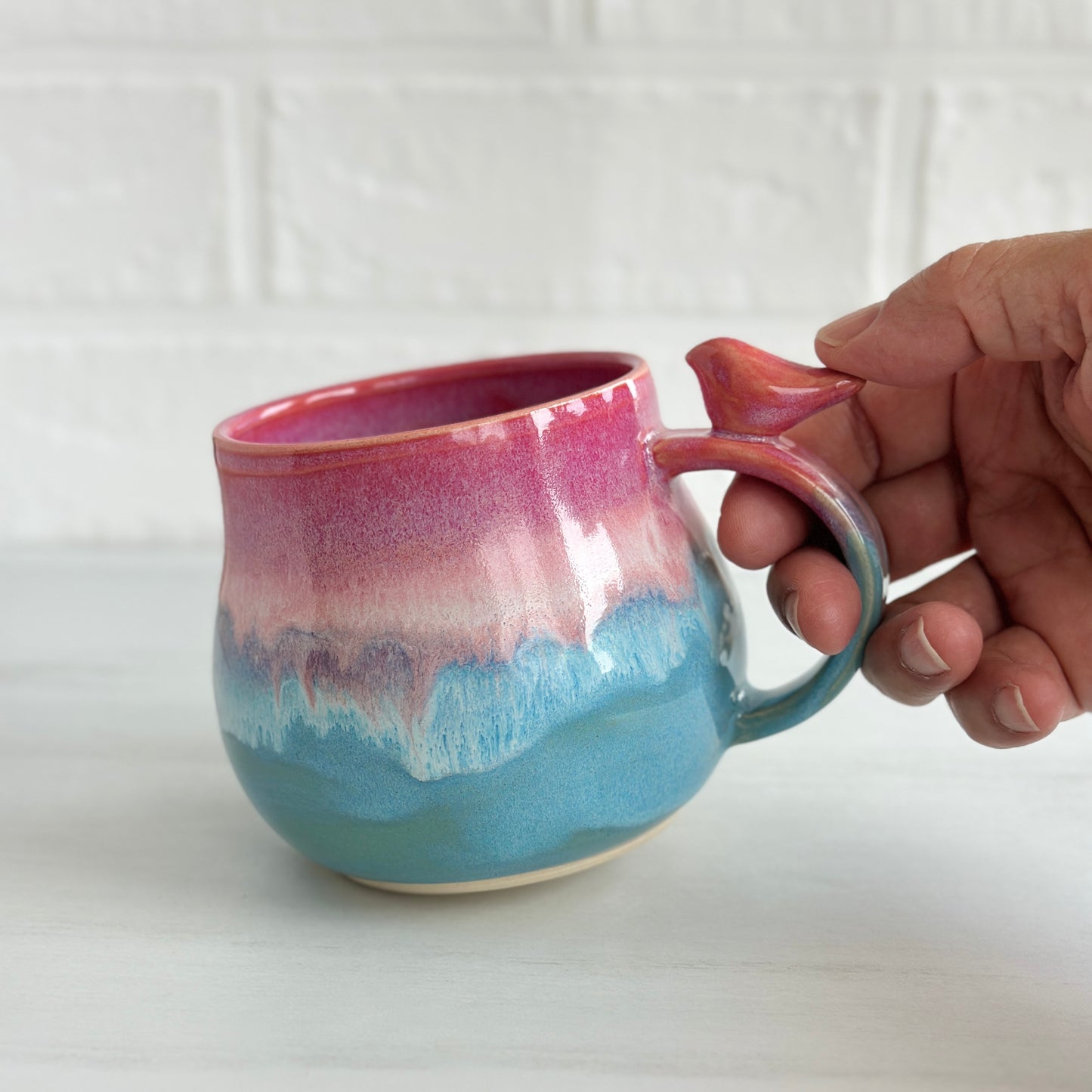 Zen Bird Mug, Drippy Glaze, Strawberry Smoothie Pink and Blue Sky, 15oz #02