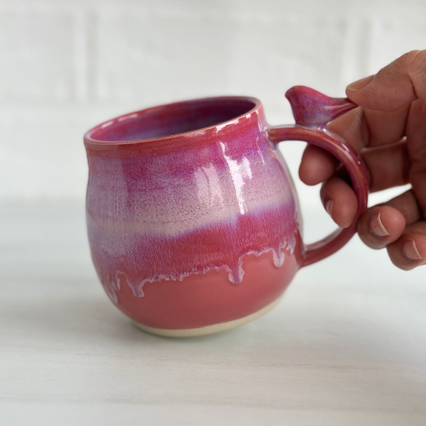 Zen Bird Mug, Glazed in Strawberry Smoothie Pink, 14oz #12