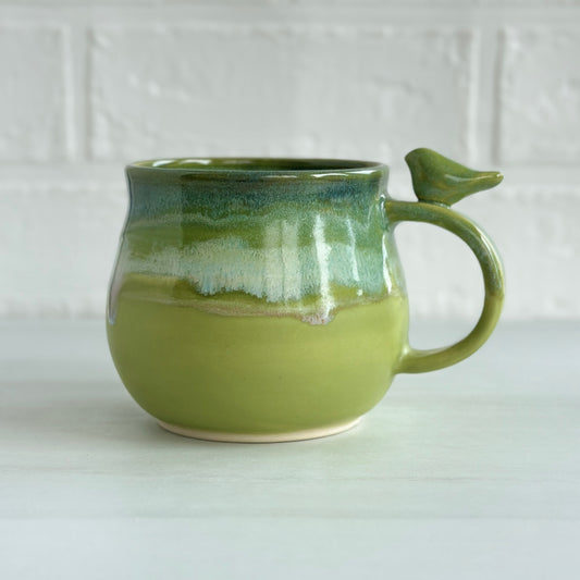 Zen Bird Mug, Glazed in Green Tea Medley, 14oz