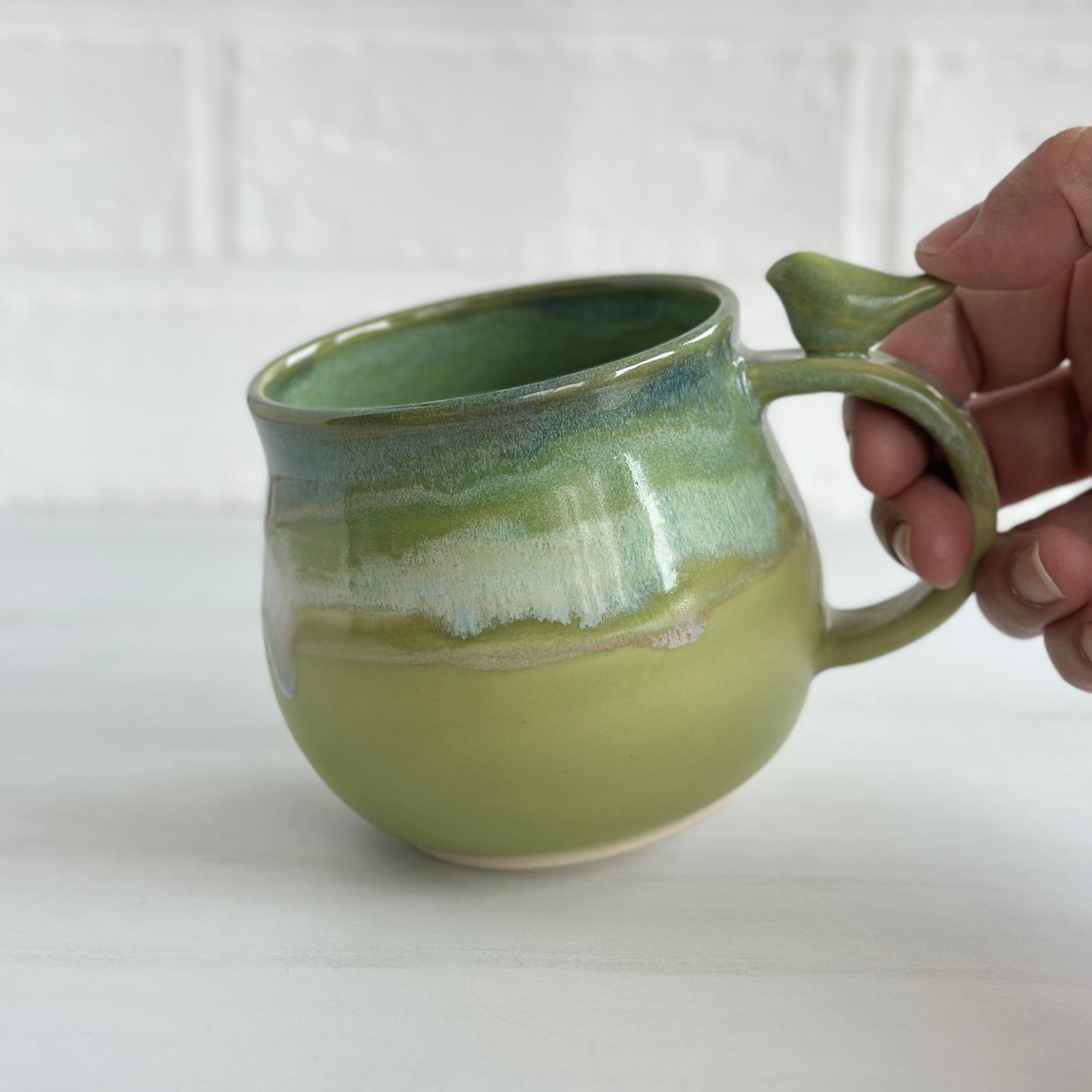 Zen Bird Mug, Glazed in Green Tea Medley, 14oz