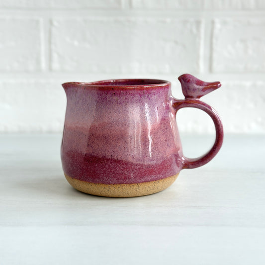 Speckled Clay Small Pitcher, Glazed in Pink Berries, Zen Bird, 12oz
