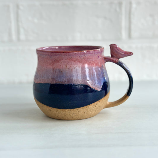 10oz Small Cup, Speckled Clay Mug, Glazed in Dusty Pink and Midnight Blue, Zen Bird
