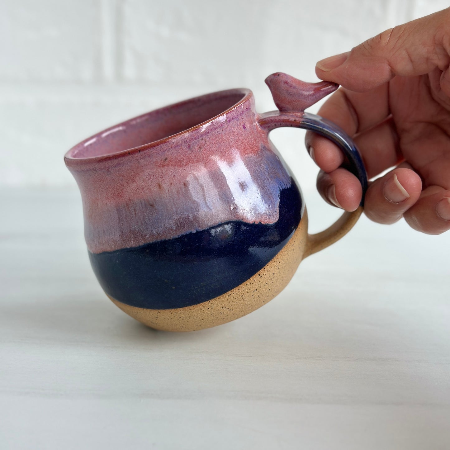 10oz Small Cup, Speckled Clay Mug, Glazed in Dusty Pink and Midnight Blue, Zen Bird