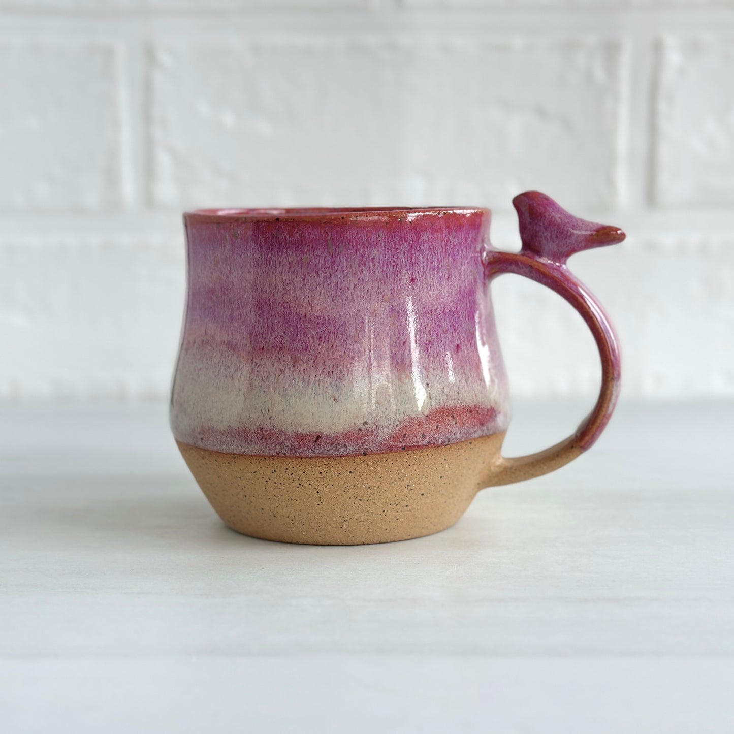 8oz Small Cup, Speckled Clay Mug, Glazed in Strawberry Milkshake, Zen Bird