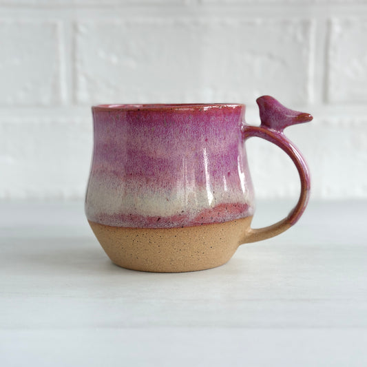 8oz Small Cup, Speckled Clay Mug, Glazed in Strawberry Milkshake, Zen Bird