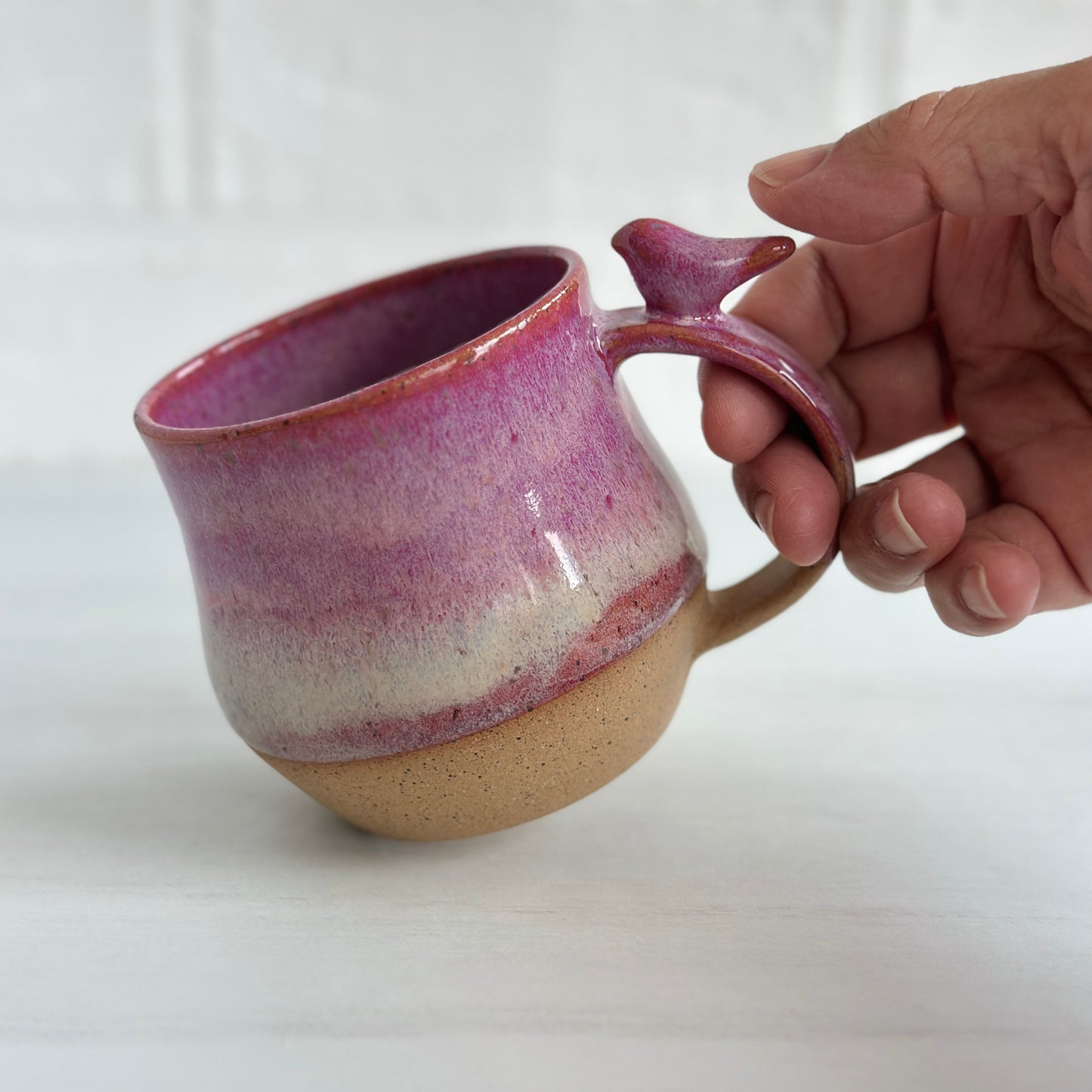 8oz Small Cup, Speckled Clay Mug, Glazed in Strawberry Milkshake, Zen Bird