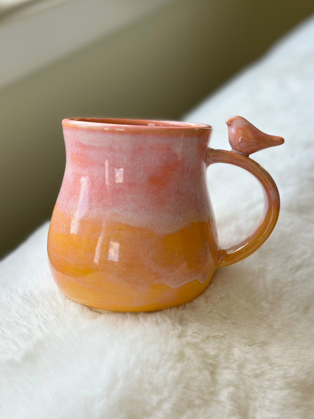 Zen Bird Mug, Glazed in Peach and Orange