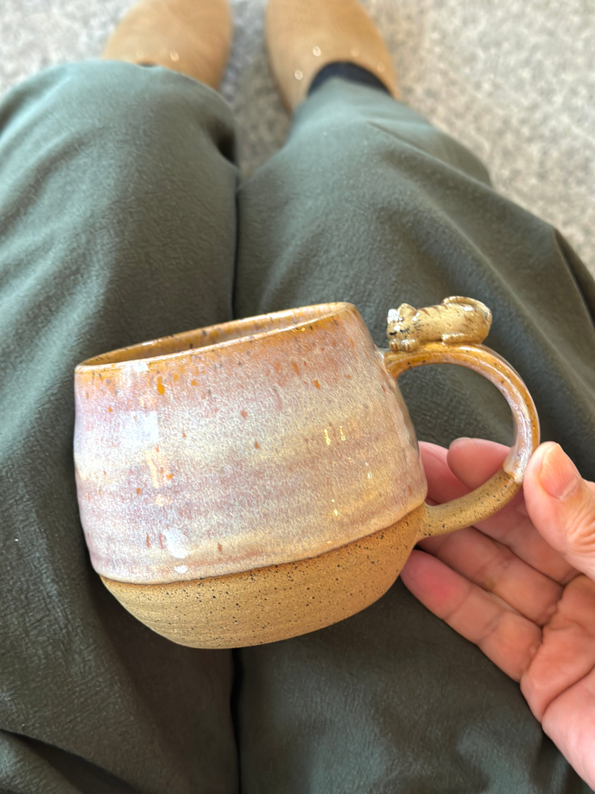 Sleepy Kitty on the Handle, Speckled Clay Mug, Glazed in Peach Orange #9