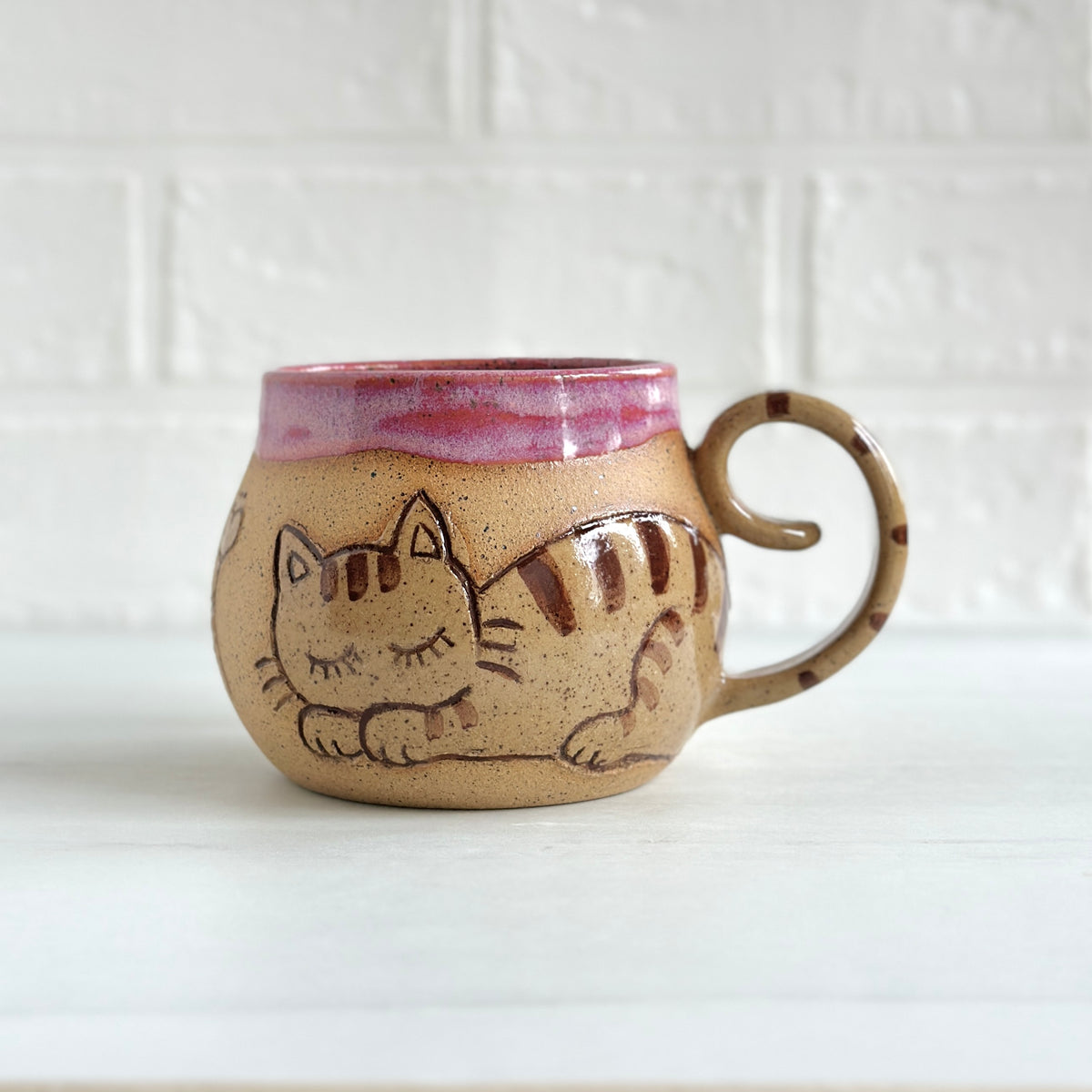 Sleepy Cat Mug, Stripe Kitty and Birdie, Pink #1
