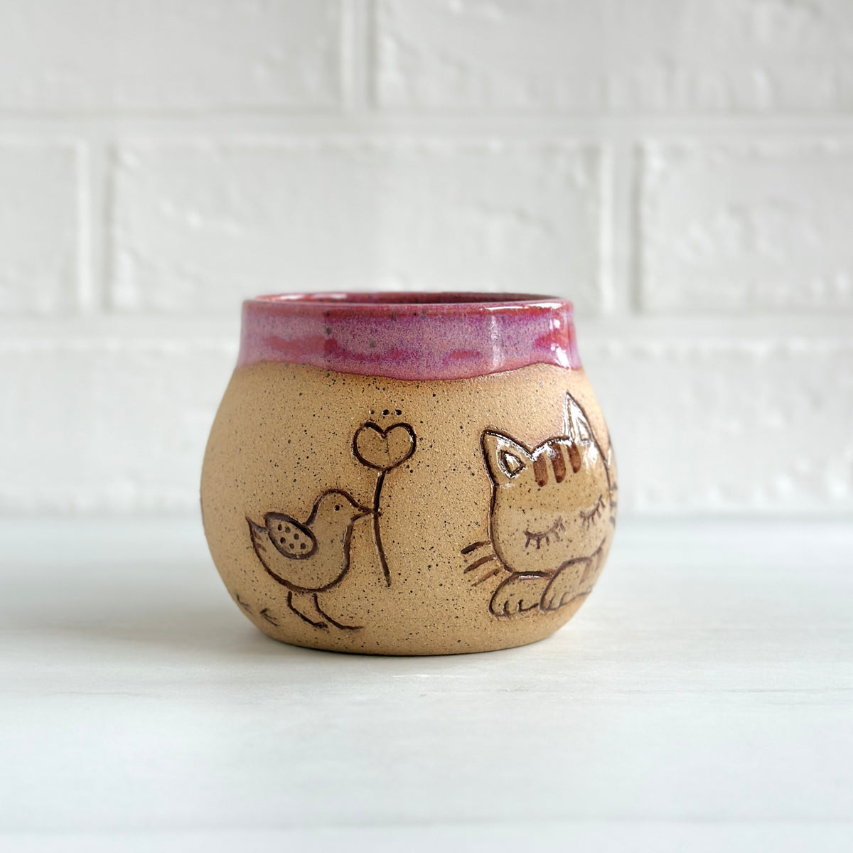 Sleepy Cat Mug, Stripe Kitty and Birdie, Pink #1