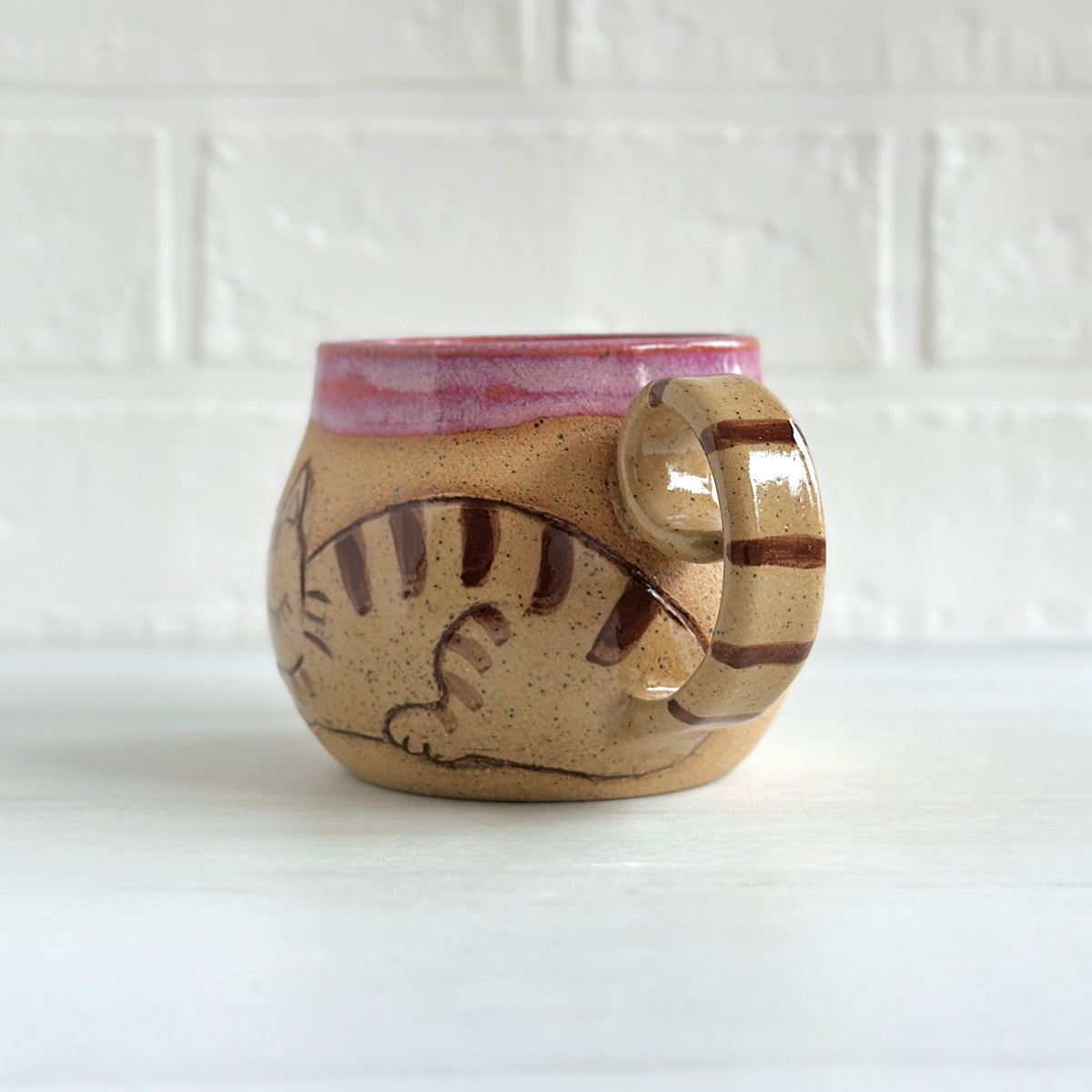 Sleepy Cat Mug, Stripe Kitty and Birdie, Pink #1