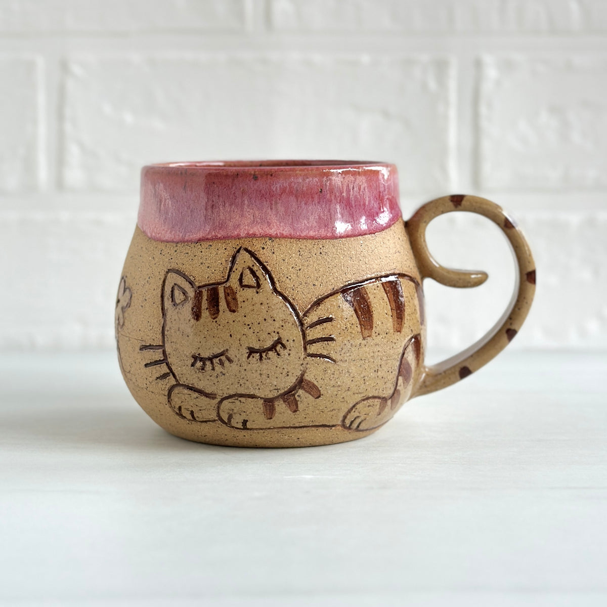 Sleepy Cat Mug, Stripe Kitty and Birdie, Pink #2