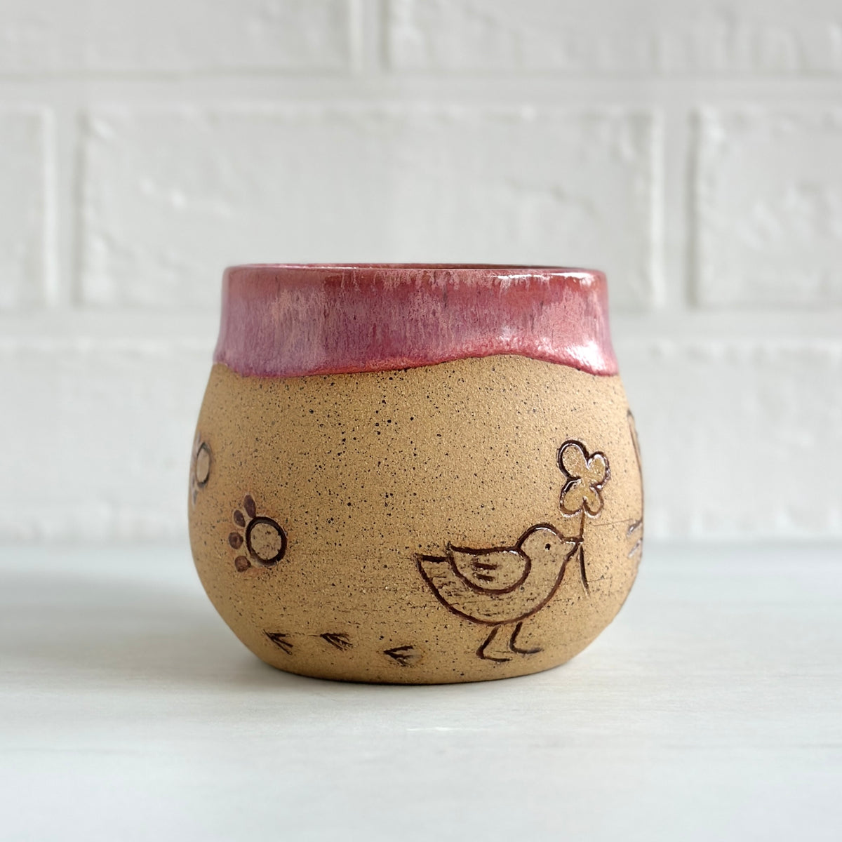 Sleepy Cat Mug, Stripe Kitty and Birdie, Pink #2