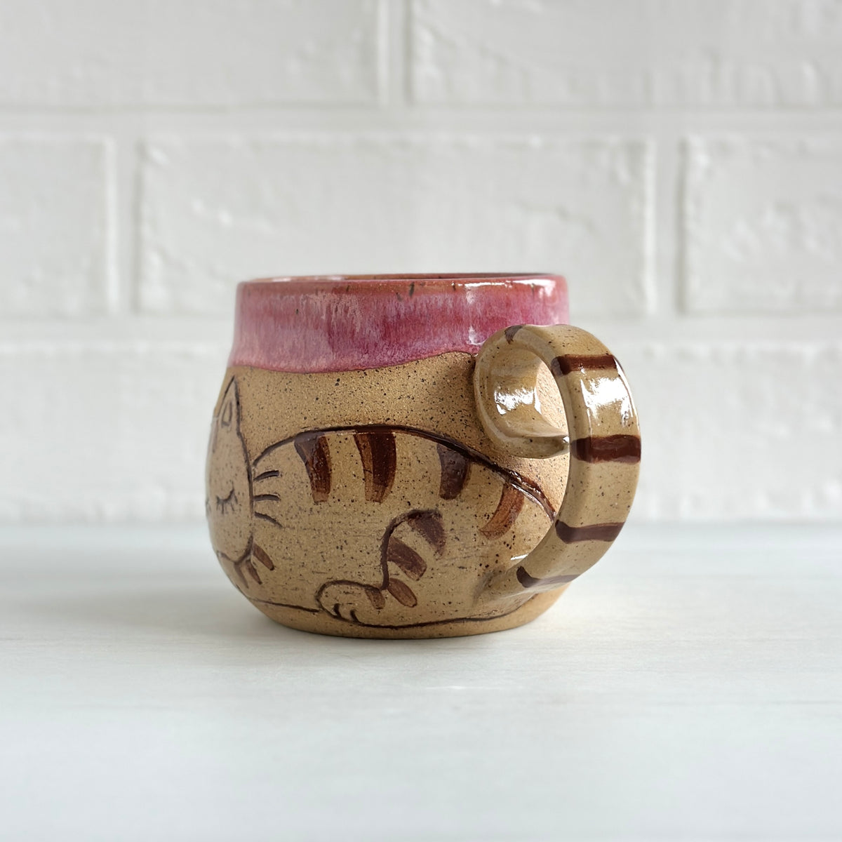Sleepy Cat Mug, Stripe Kitty and Birdie, Pink #2