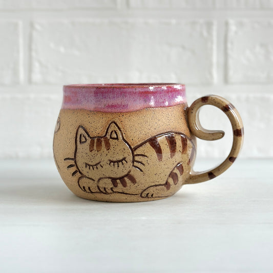 Sleepy Cat Mug, Stripe Kitty and Birdie, Pink #3