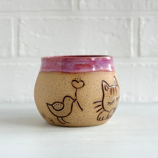Sleepy Cat Mug, Stripe Kitty and Birdie, Pink #3