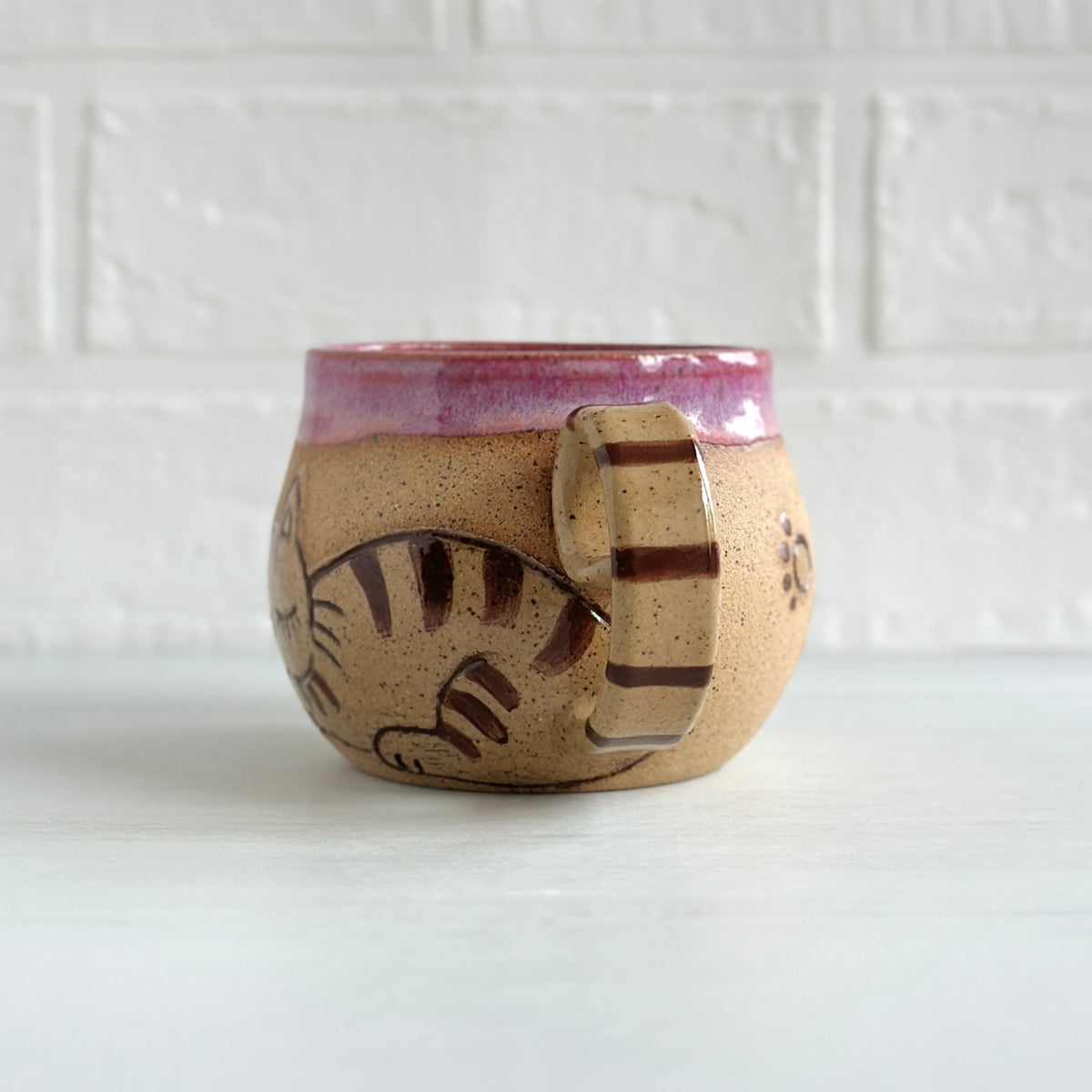 Sleepy Cat Mug, Stripe Kitty and Birdie, Pink #3