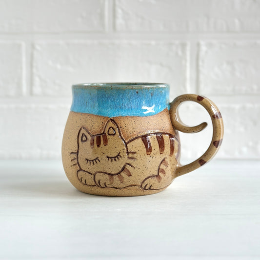 Sleepy Cat Mug, Stripe Kitty, Light Blue #4