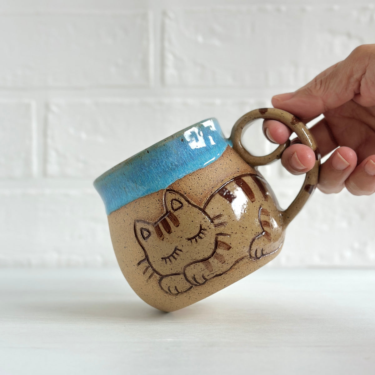 Sleepy Cat Mug, Stripe Kitty, Light Blue #4
