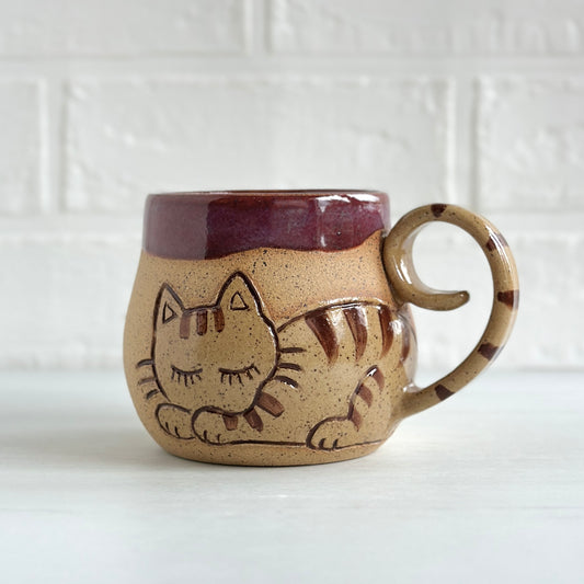 Sleepy Cat Mug, Stripe Kitty, Burgundy #6