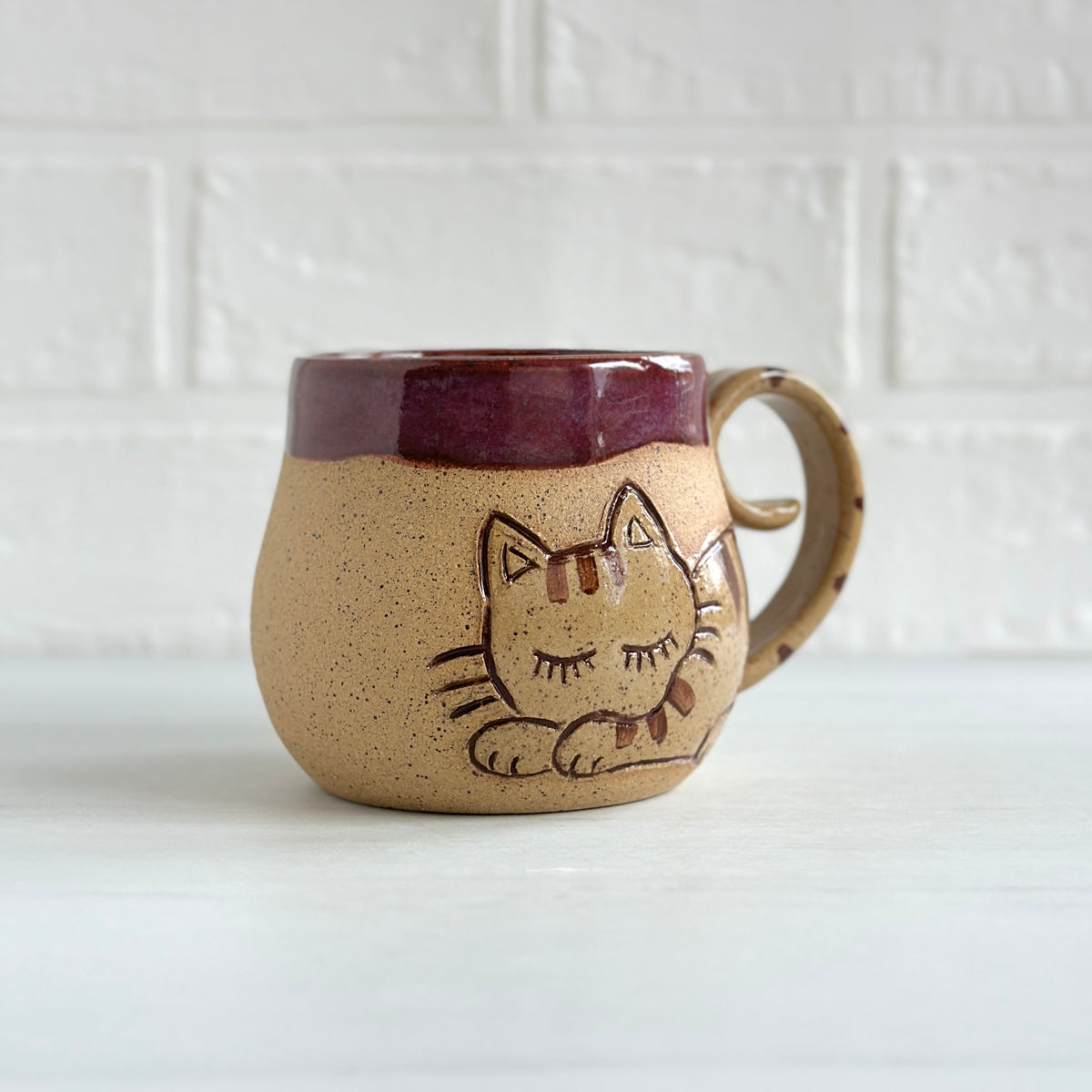 Sleepy Cat Mug, Stripe Kitty, Burgundy #6