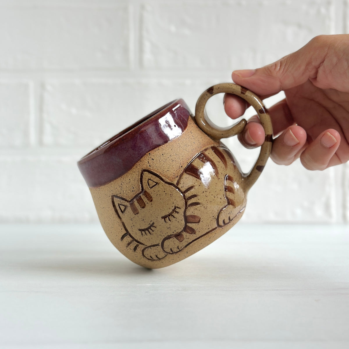 Sleepy Cat Mug, Stripe Kitty, Burgundy #6