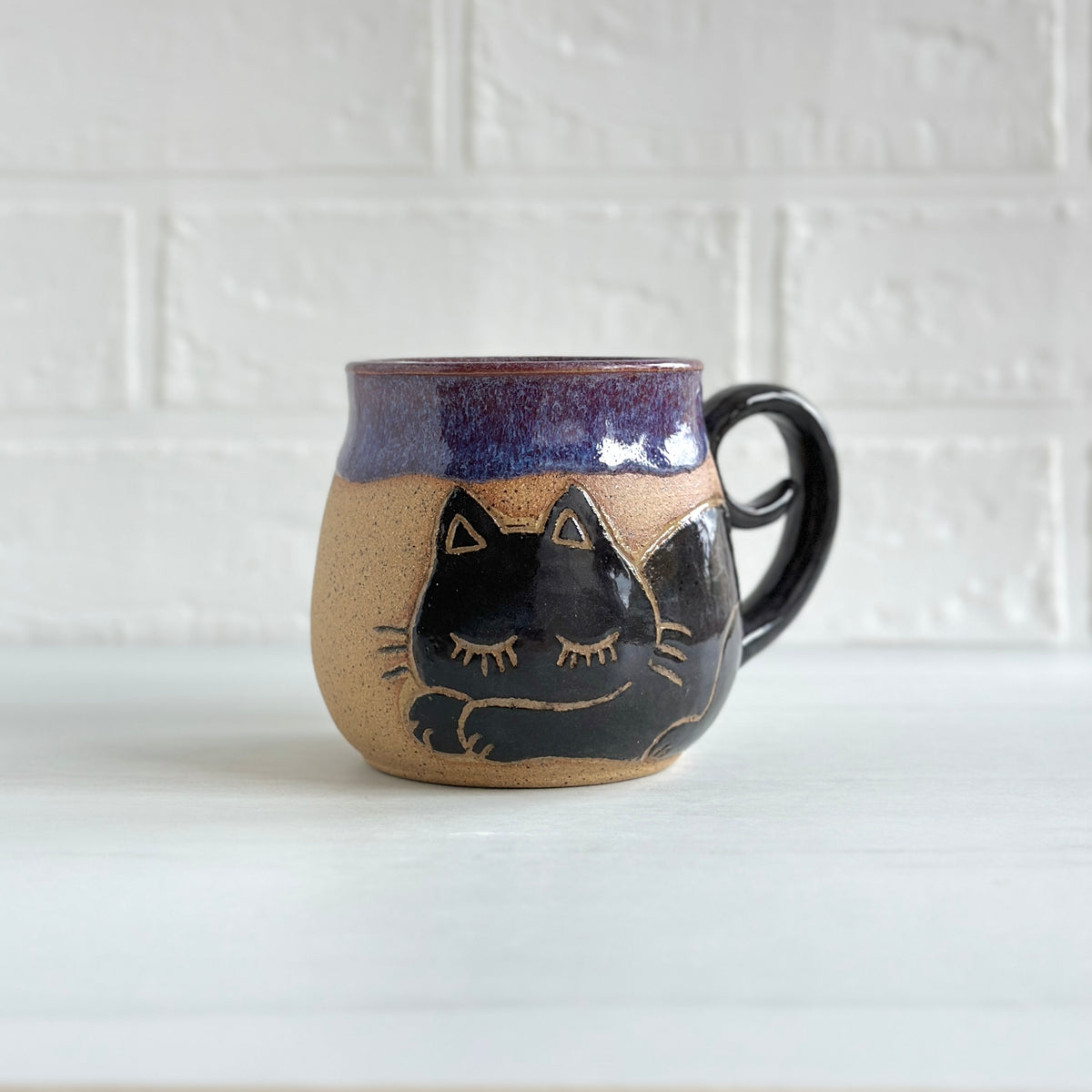 Sleepy Cat Mug, Black Kitty, Layer of Blue and Purple Glaze #7