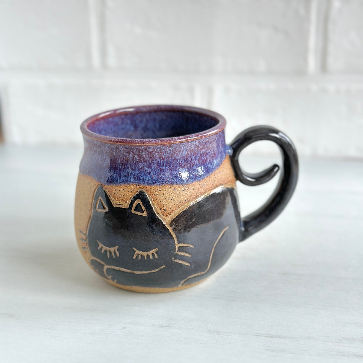 Sleepy Cat Mug, Black Kitty, Layer of Blue and Purple Glaze #7