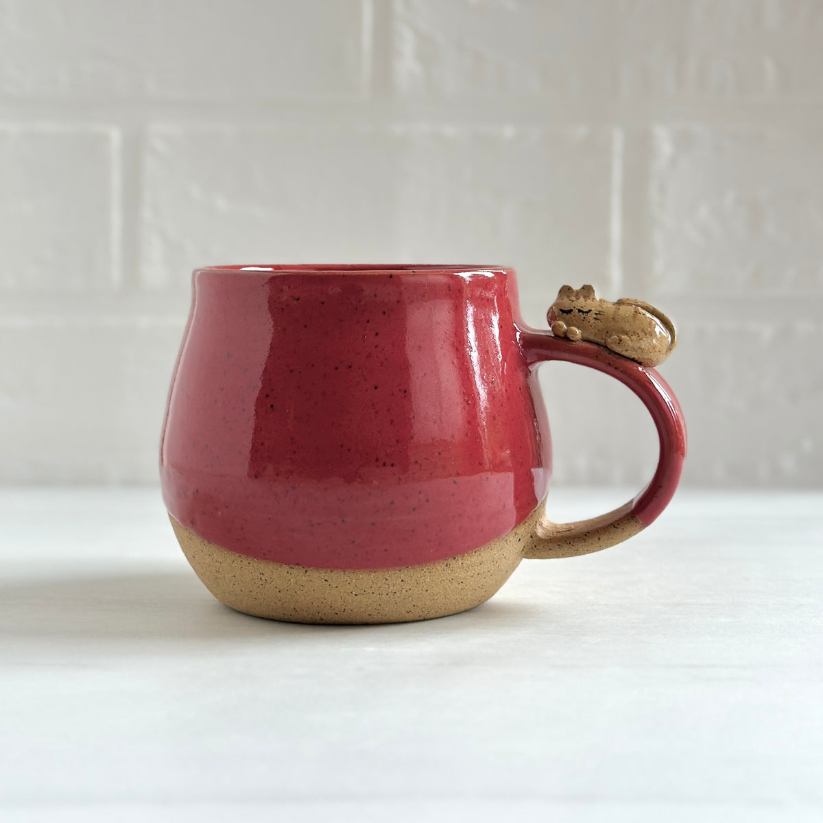 Sleepy Kitty on the Handle, Speckled Clay Mug, Glazed in Red Apple #8