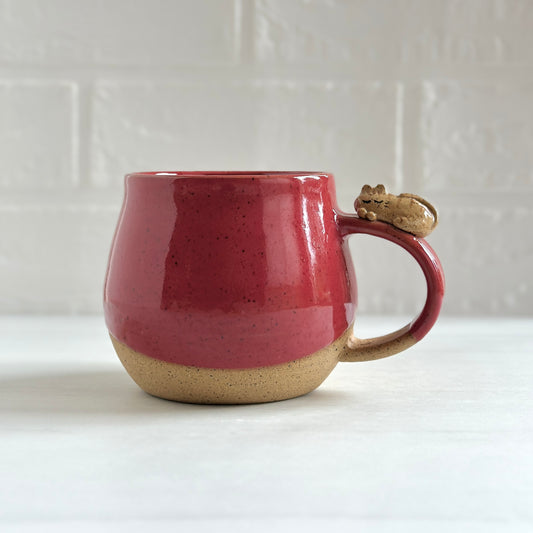 Sleepy Kitty on the Handle, Speckled Clay Mug, Glazed in Red Apple #8