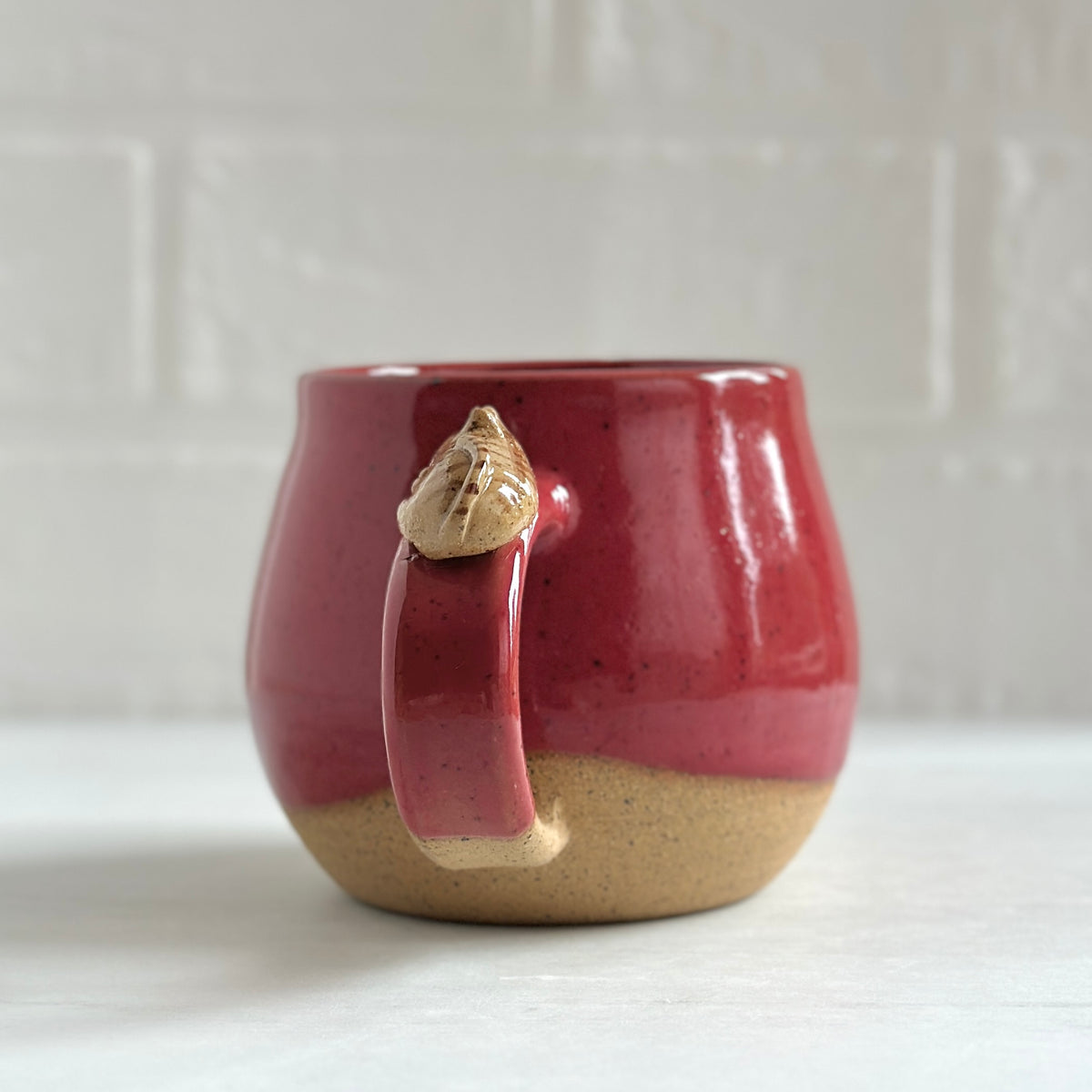 Sleepy Kitty on the Handle, Speckled Clay Mug, Glazed in Red Apple #8