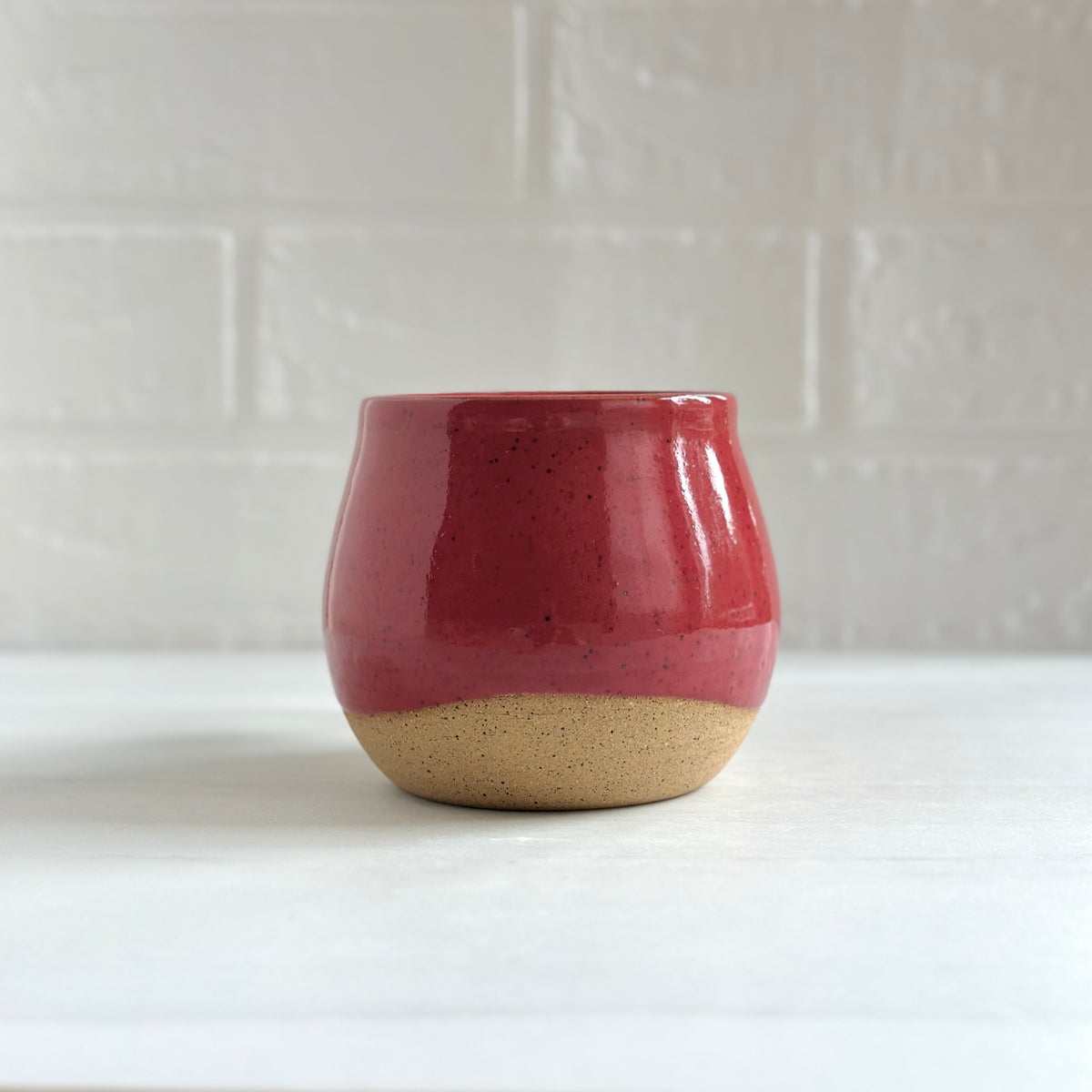Sleepy Kitty on the Handle, Speckled Clay Mug, Glazed in Red Apple #8