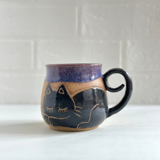 Sleepy Cat Mug, Black Kitty, Layer of Blue and Purple Glaze #7