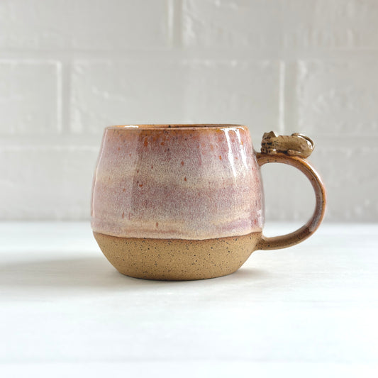 Sleepy Kitty on the Handle, Speckled Clay Mug, Glazed in Peach Orange #9