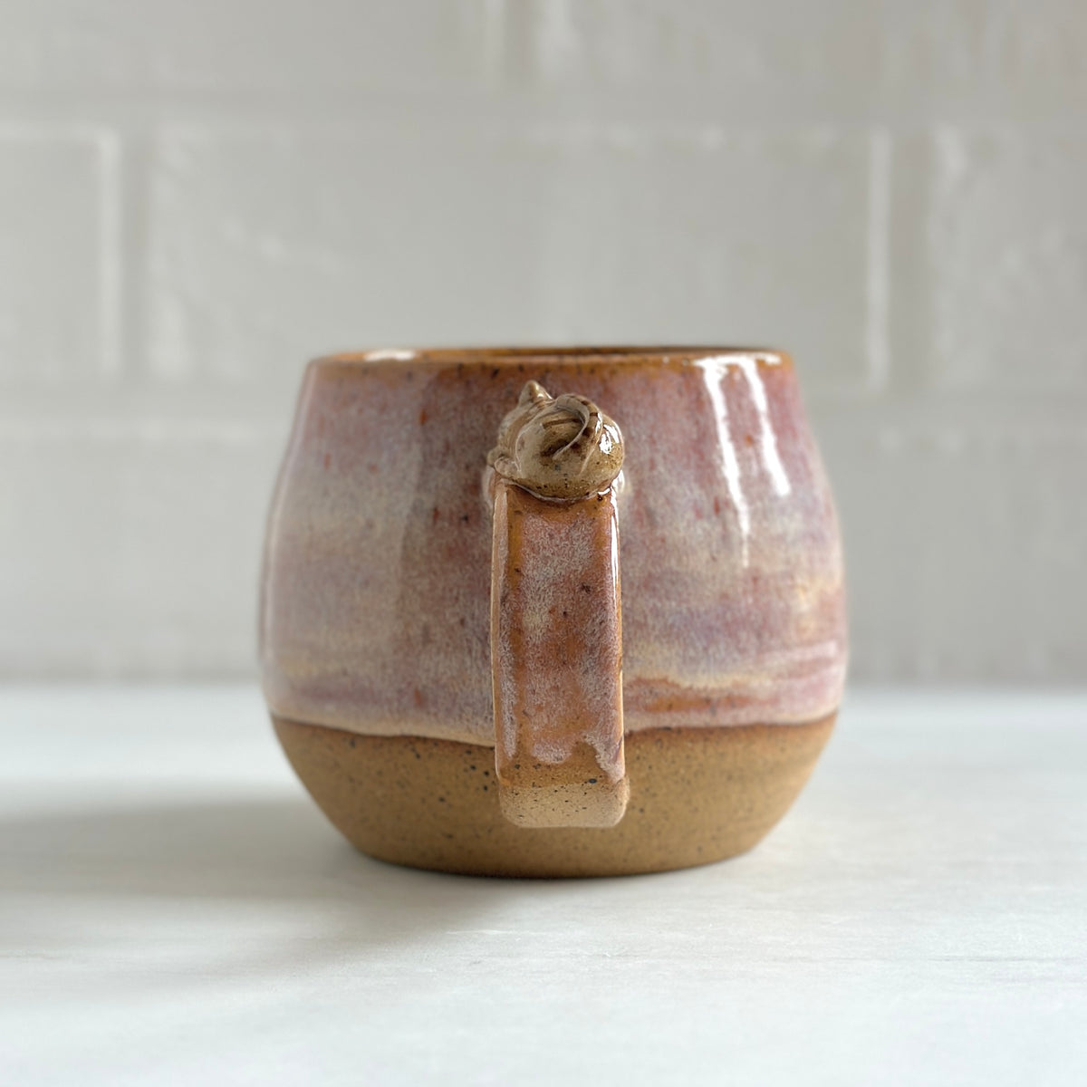 Sleepy Kitty on the Handle, Speckled Clay Mug, Glazed in Peach Orange #9