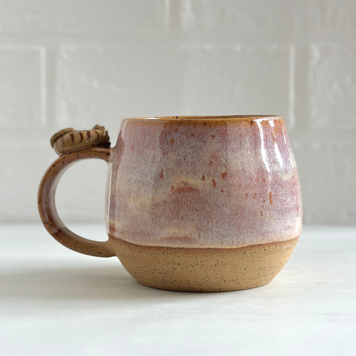 Sleepy Kitty on the Handle, Speckled Clay Mug, Glazed in Peach Orange #9
