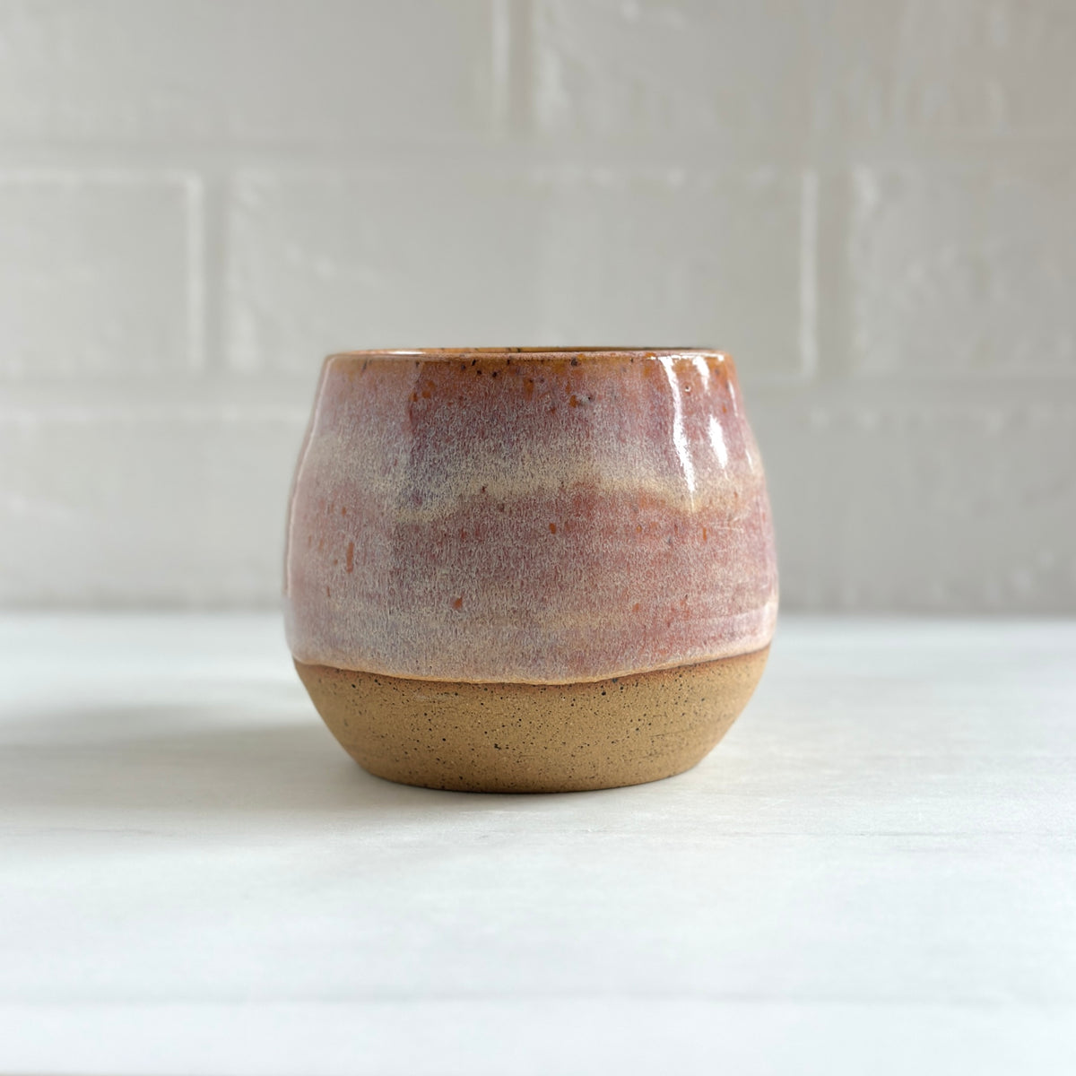 Sleepy Kitty on the Handle, Speckled Clay Mug, Glazed in Peach Orange #9