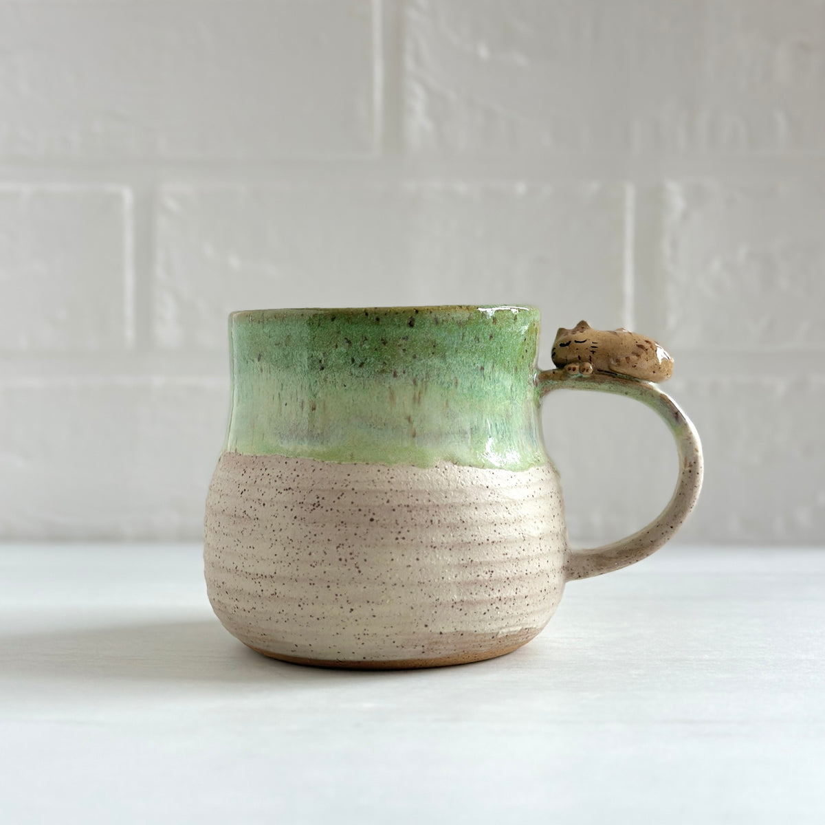 Sleepy Kitty on the Handle, Speckled Clay Mug, Glazed in Green and White #10