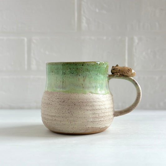 Sleepy Kitty on the Handle, Speckled Clay Mug, Glazed in Green and White #10