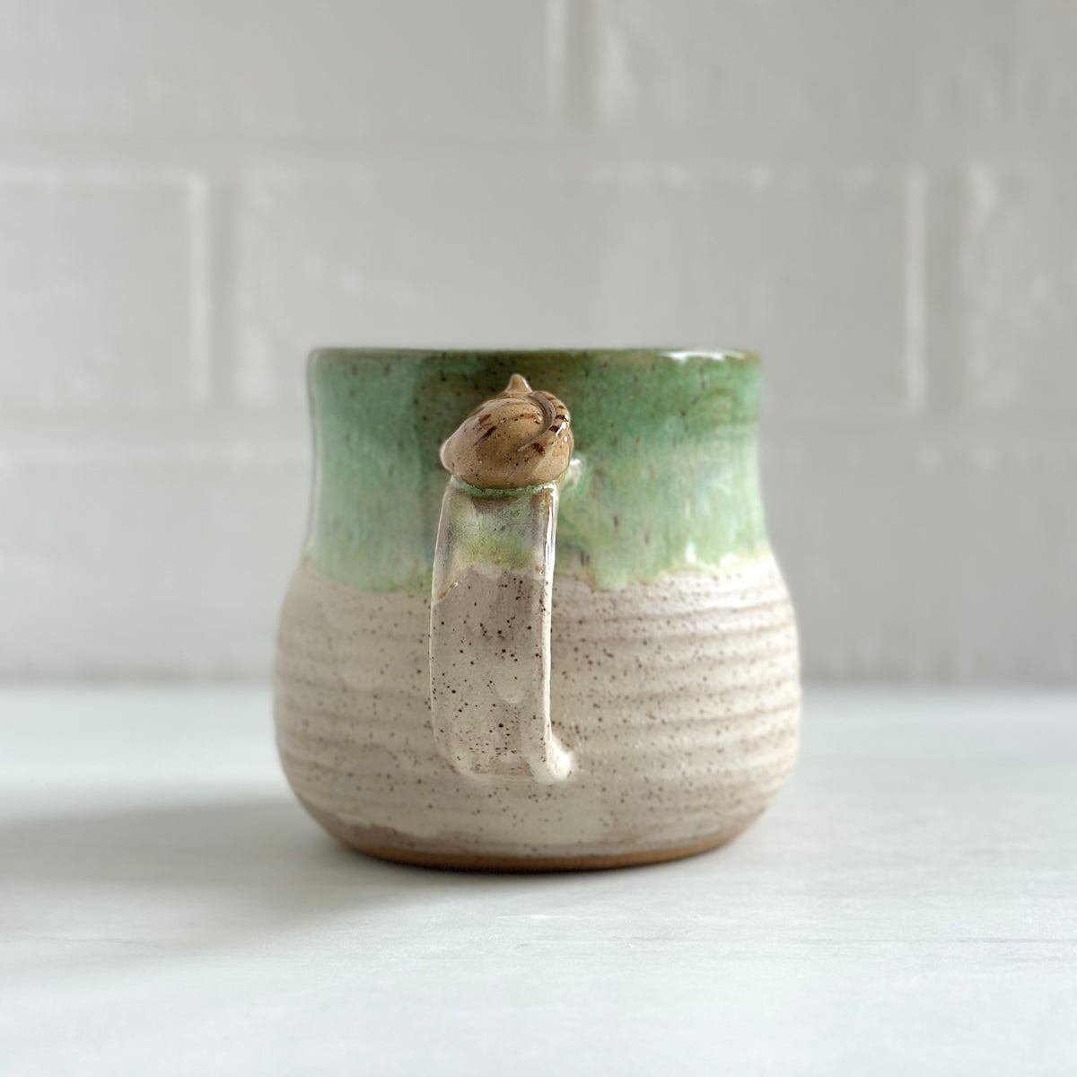 Sleepy Kitty on the Handle, Speckled Clay Mug, Glazed in Green and White #10