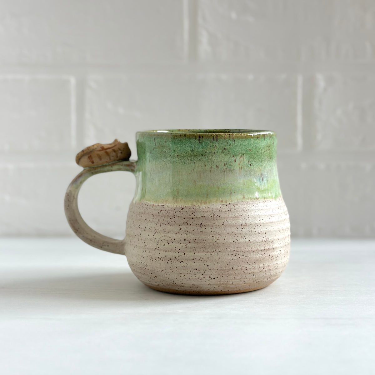 Sleepy Kitty on the Handle, Speckled Clay Mug, Glazed in Green and White #10