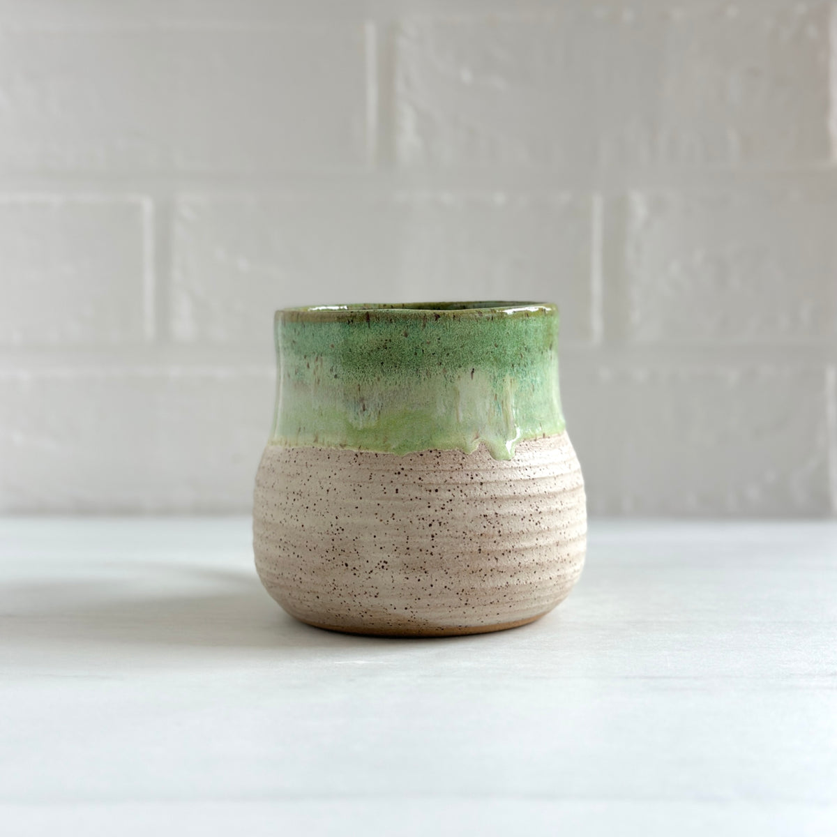 Sleepy Kitty on the Handle, Speckled Clay Mug, Glazed in Green and White #10